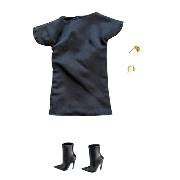 2025 Barbie Basics Outfit Black Dress Boots and Earrings Model 01 JBH72 No Doll - Picture 1 of 2